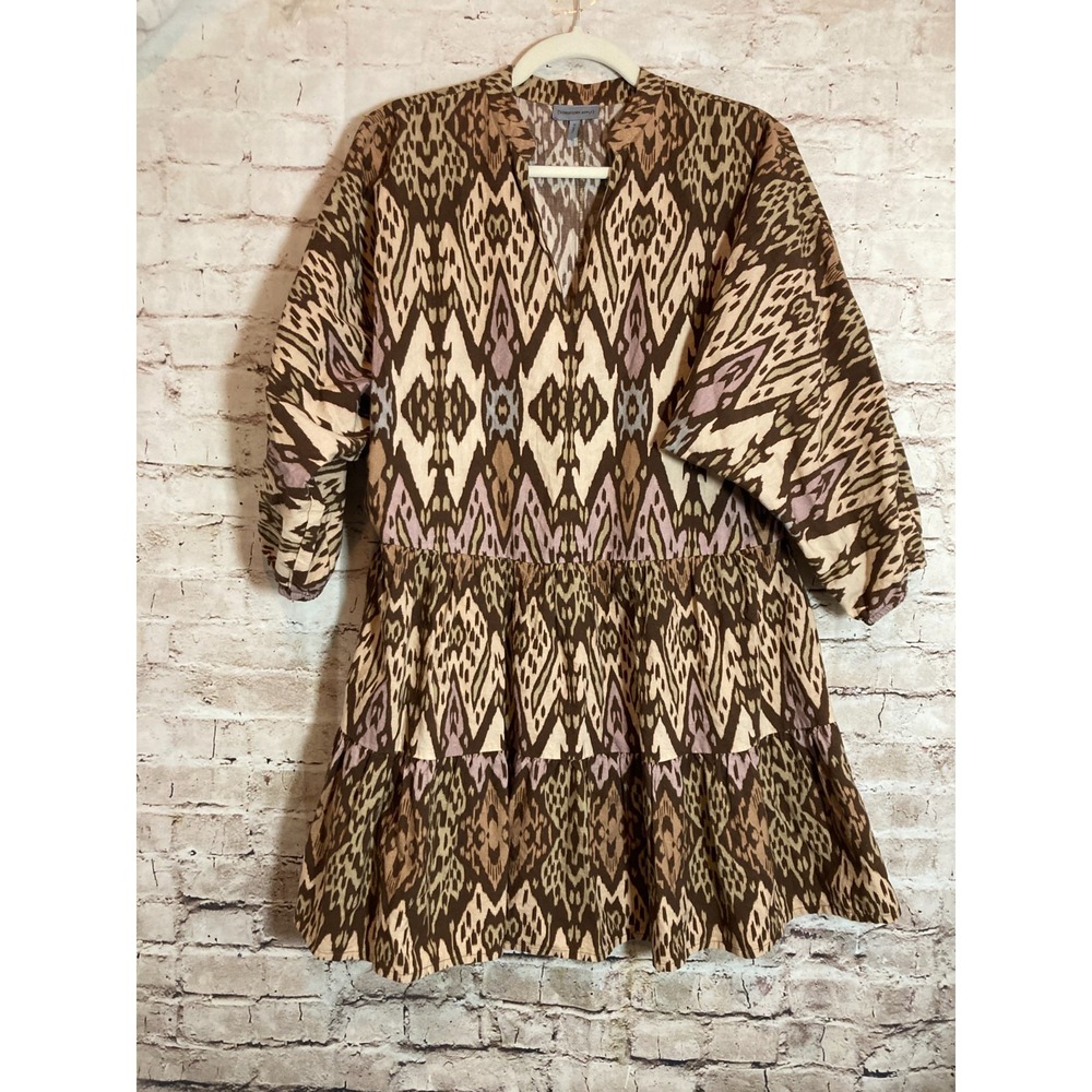 Anthropologie Conditions Apply Flowy Mini Dress XS Brown Ikat Print Tiered Boho